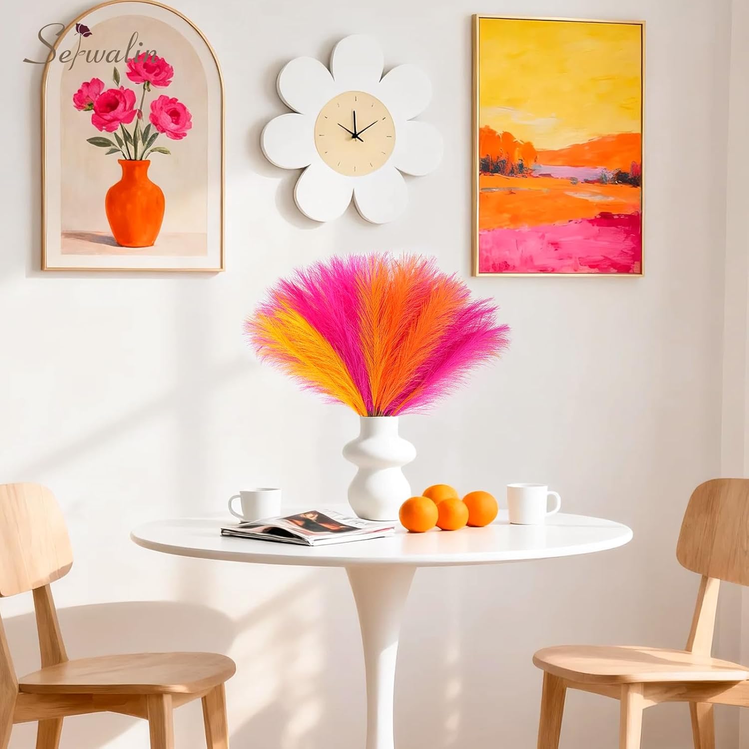 Serwalin 60PCS Pampas Grass Home Decor, 17.7Inch Hot Pink＆Orange＆Yellow Faux Pampas Grass Bulk Vase Filler Flower Arrangement for Home Wedding Decor