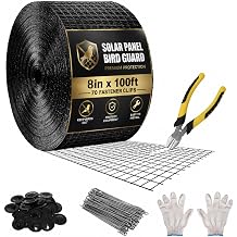 8in X 100ft Solar Panel Bird Guard - 1/2" Black PVC Mesh Galvanized Rust-Resistant Net, Critter Guard for Solar Panels with 70 Fastener Clips, Gloves, Cutting Pliers