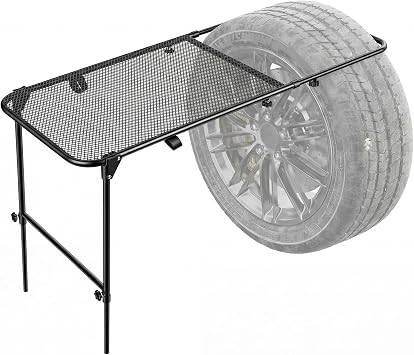 Vehicle Tire Mounted Steel Camping Table, Adjustable Height & Foldable | Car Tire Dining Table for Tailgating,Biking,Car Camping Picnic Outdoor Cooking,BBQ, No Tools or Hitch Required Black