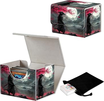 Stylish MTG Deck Box for 110+ Cards, Magnetic Commander Deck Case with Bonus Game Card Pouch, Durable Storage for TCG and Sleeved Magic Cards, Samurai