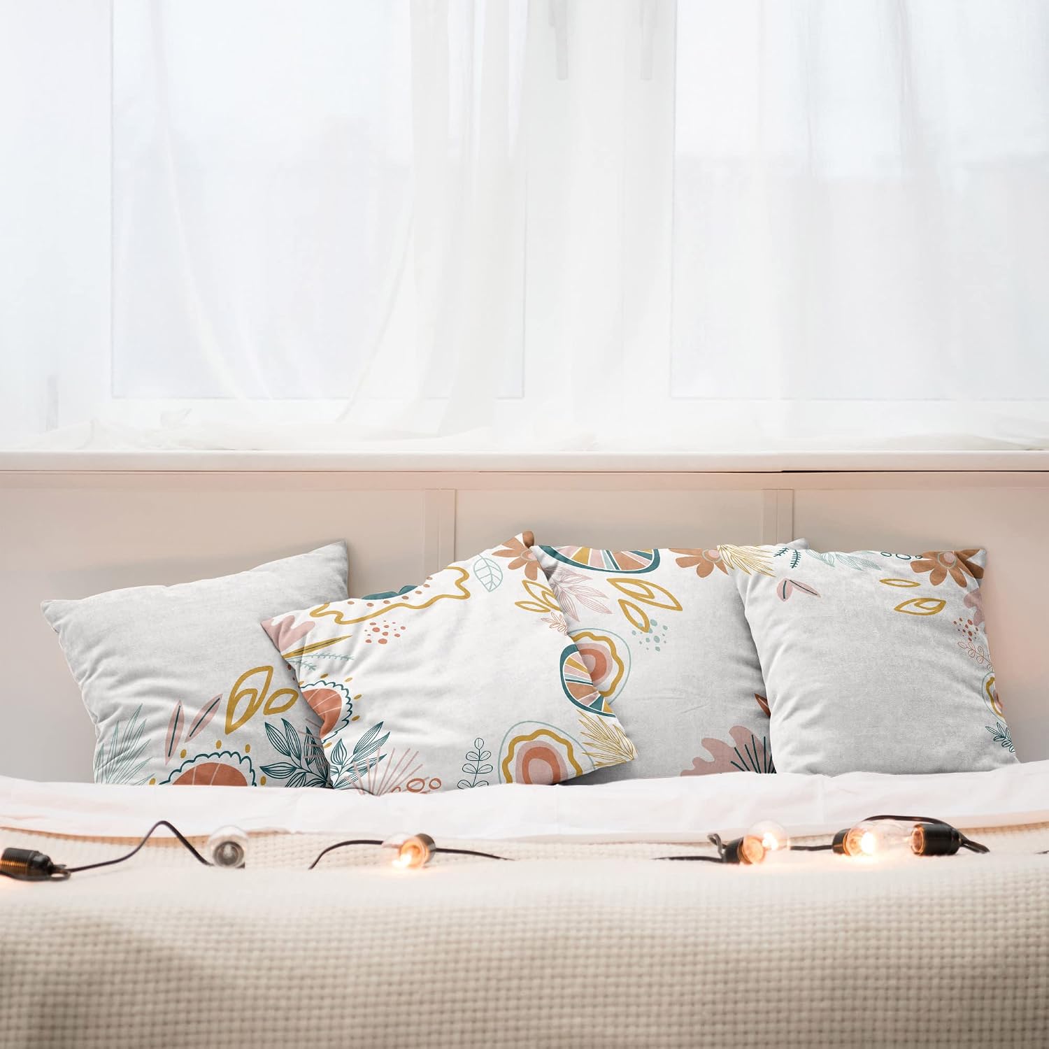 Ambesonne Floral Throw Pillow Cushion Case Pack of 4, Minimalist Flowers Meadow Leaves Spring Season Blooms on Plain Back, Modern Accent Double-Sided Printing, 20" x 12", Pale Rust Mustard and Teal
