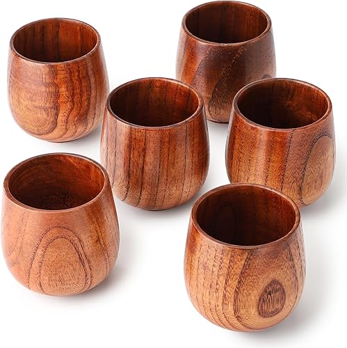 Juego de 6 tazas de té de madera japonesas sólidas naturales, hechas a mano, tazas de madera para beber té, café, vino, cerveza, leche