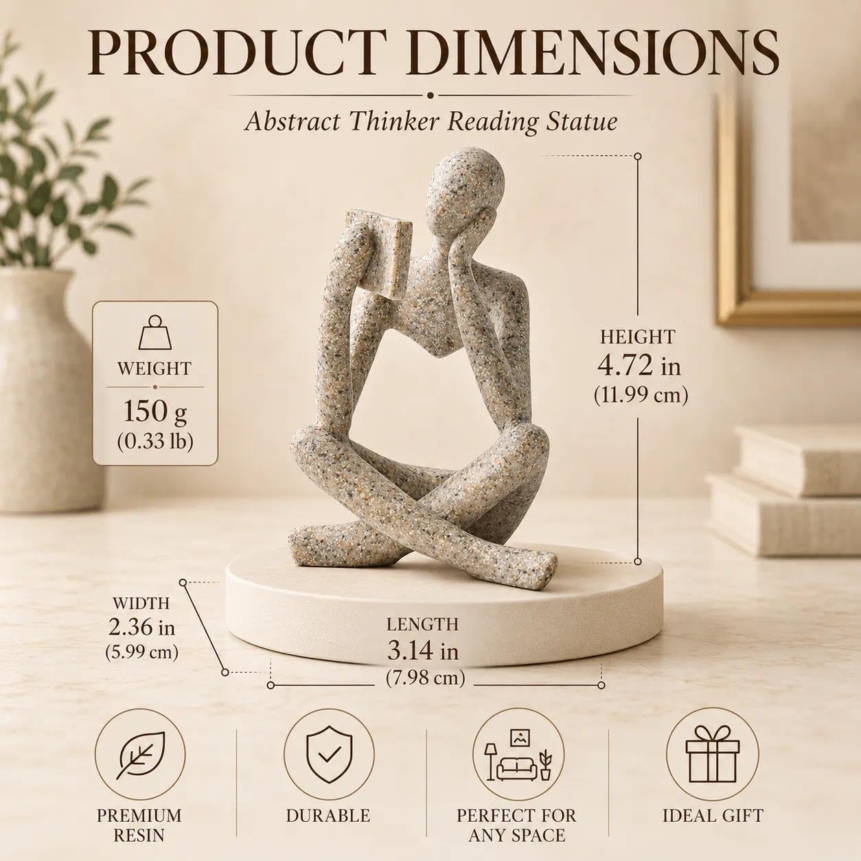 Bookshelf Decor Thinker Statue, Sand Abstract Reading Figurine, Resin Decorative Bookend for Coffee Table, Shelf, Home Office, Library, Living Room - Gift for Book Lovers (Right Thinking) image 2