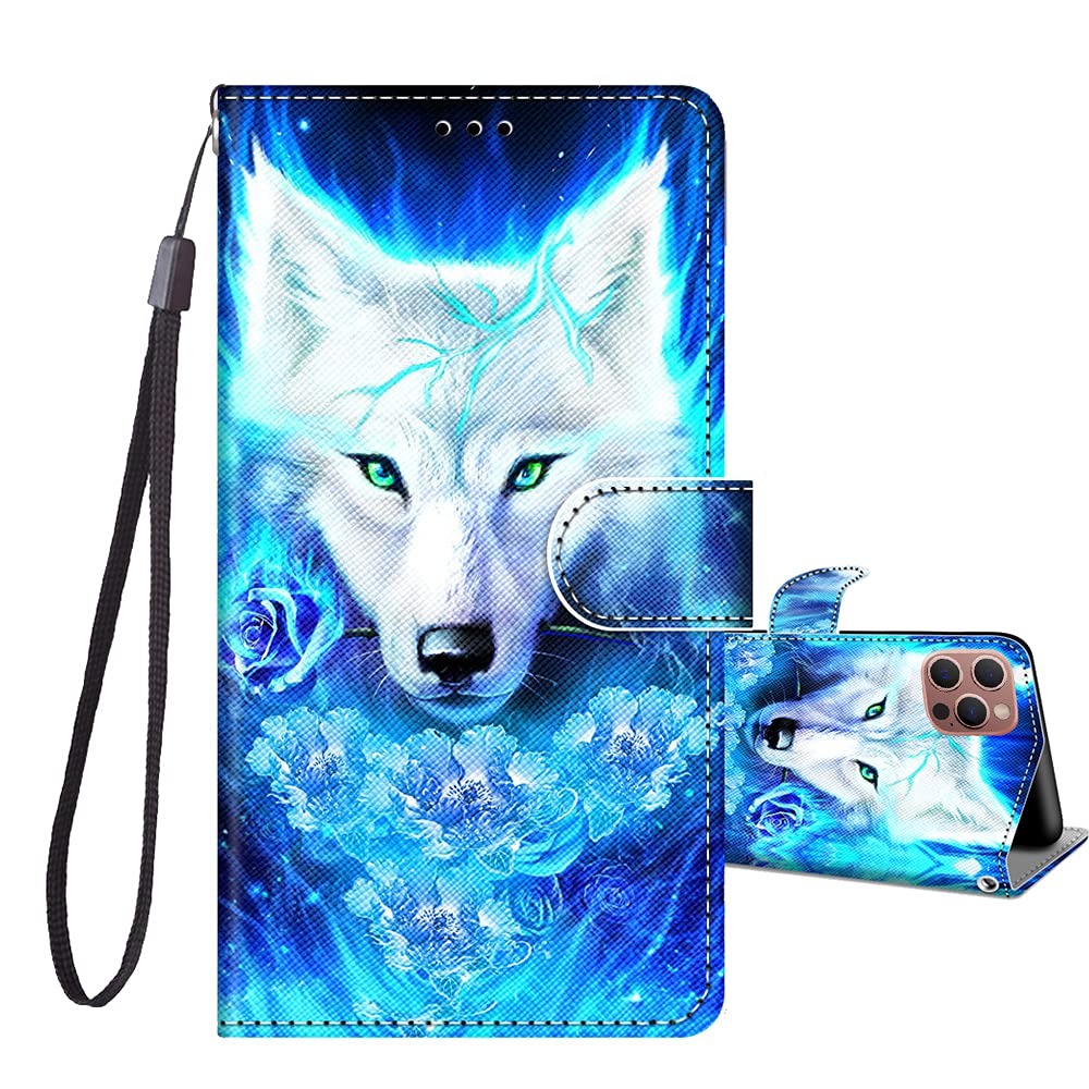 JRIANY Case for iPhone 15 Pro 6.1-Inch, PU Leather Wallet Case with Card Holder Cute Pattern Animal Design Magnetic Shockproof Cover Flip Case Compatible with Apple iPhone 15 Pro - Wolf A