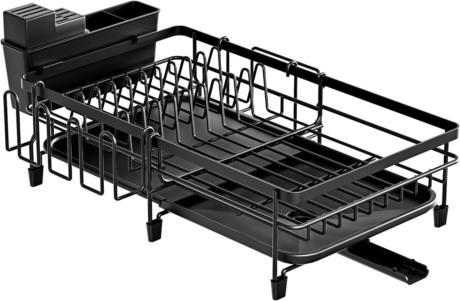 Extendable Dish Rack - a Rust-Resistant Dish Rack Suitable for Kitchen countertops, Featuring Adjustable Support Legs, a Cutlery Rack, and a Removable Drain Tray.