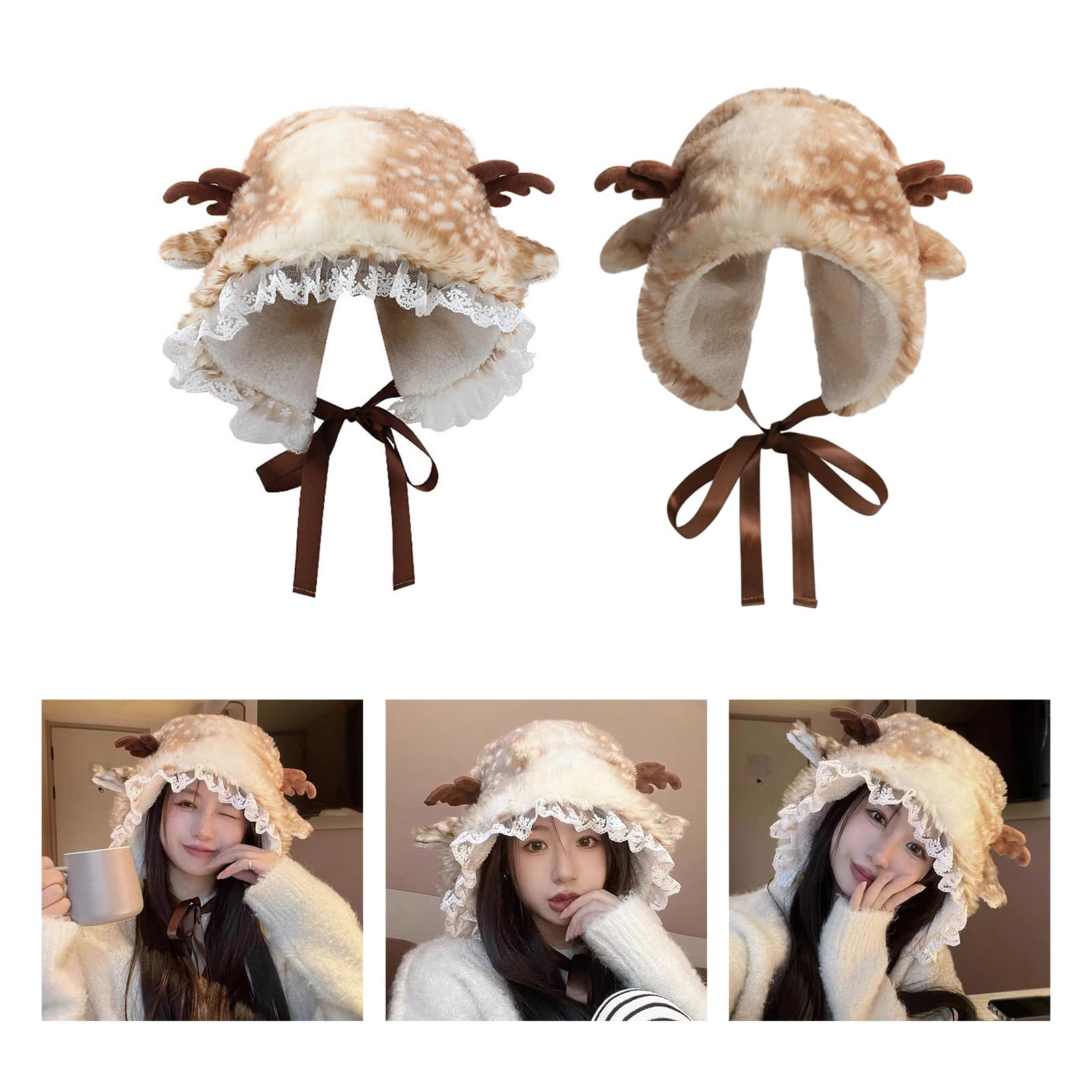 Plush Elk Spotted Ear Trapper Hat Adult Ear Protect Hat Lace Trim Decor Hat Cold for Students Teens