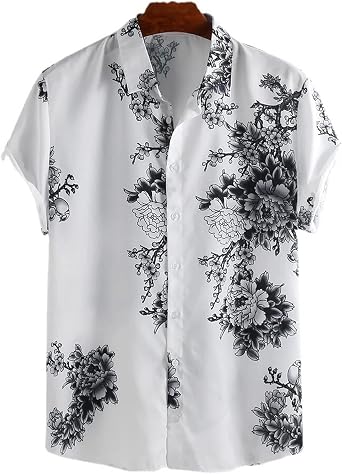Mens Button Down Shirts Ink Plum Bossom Printing Loose Short Sleeve Modern Hipster Casual Curve Hem Top T-Shirts