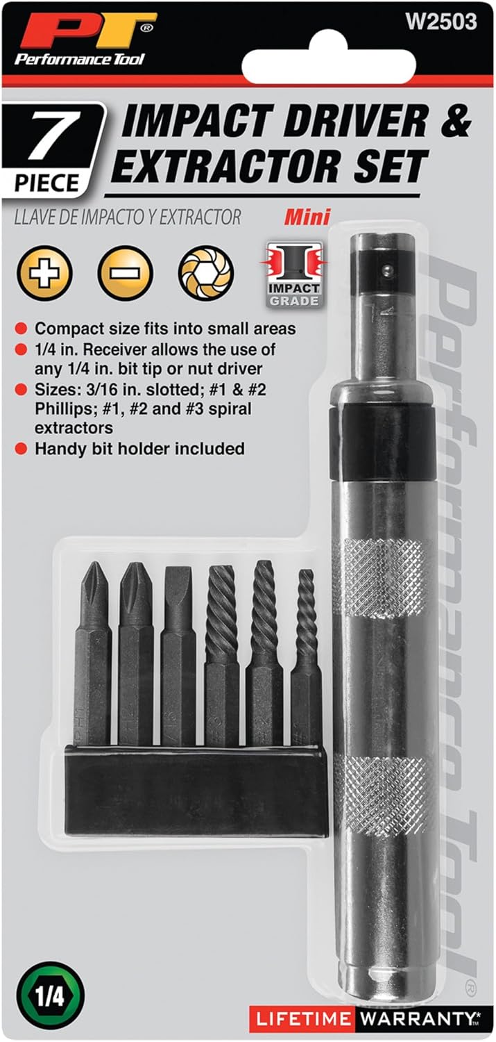 Performance Tool W2503 1/4-Inch Impact Driver & Extractor And Bits , black