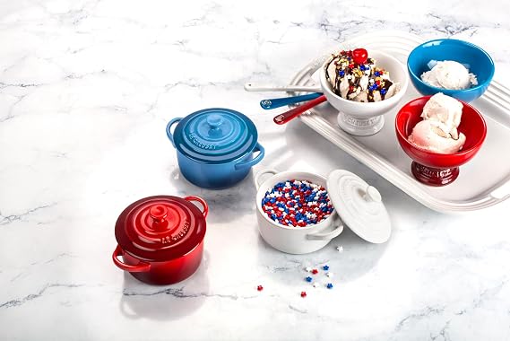 Le Creuset Stoneware Set of 4, 8 oz. Mini Cocottes with Cookbook, White