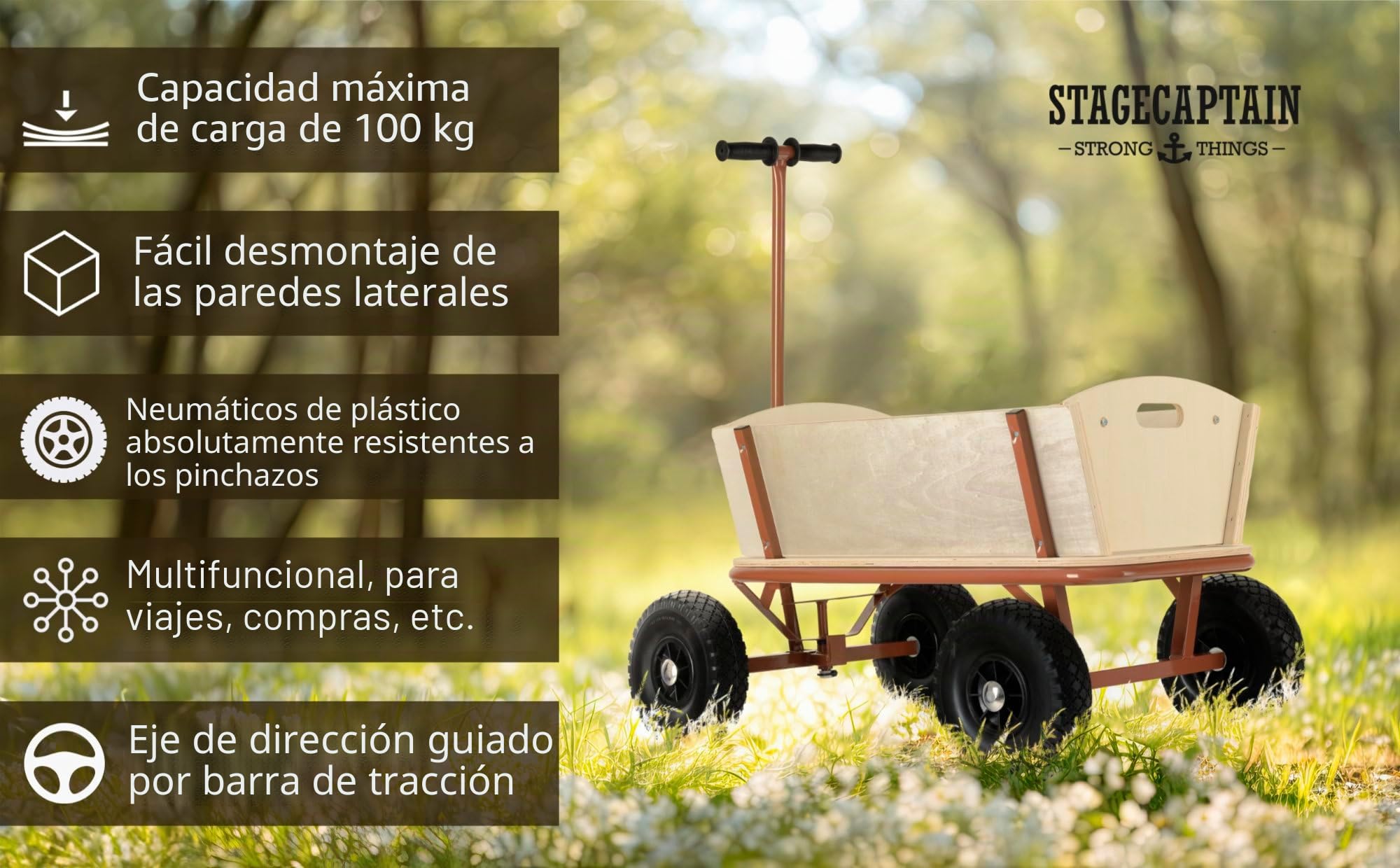 Stagecaptain BW-1812D BN Bollycart Carrito de Madera Marrón, Peso: 15 | Estructura de madera completamente desmontable, Eje delantero direccional, Lona marrón contra sol y lluvia, 9 kg