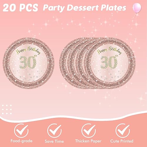 Miniatura 3 de 62 piezas de decoraciones de cumpleaños número 30 para mujer, suministros de fiesta de cumpleaños de oro rosa incluyen 40 platos, 20 servilletas y
