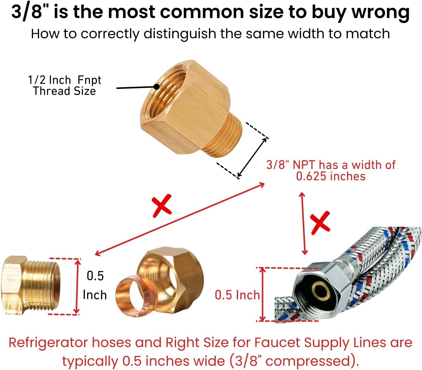 2 Pack Brass Pipe Fittings, 1/2" NPT Female to 3/8" NPT Male Reducer Adapter, Solid Brass Pipe Extension Connectors, Thread inner diameter from 3/4 inch to 5/8 inch outer diameter