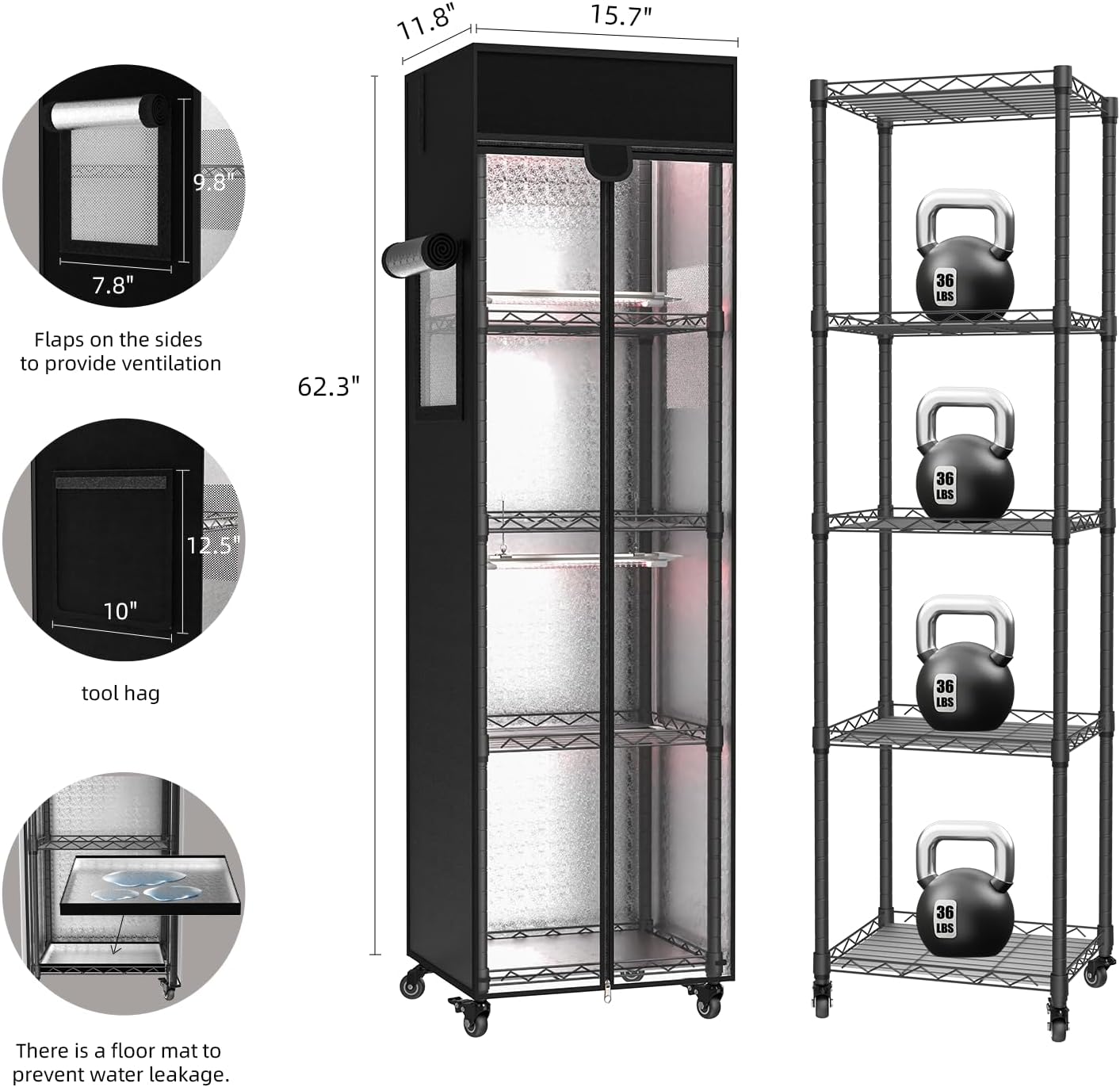 Indoor Greenhouse with Grow Light, 5 Tier 15.7" L×11.8" W×62.3" H growtent with Lights, with 48W Full Spectrum Growing Lamps，Metal Indoor Plant Enclosure for Seed Starting