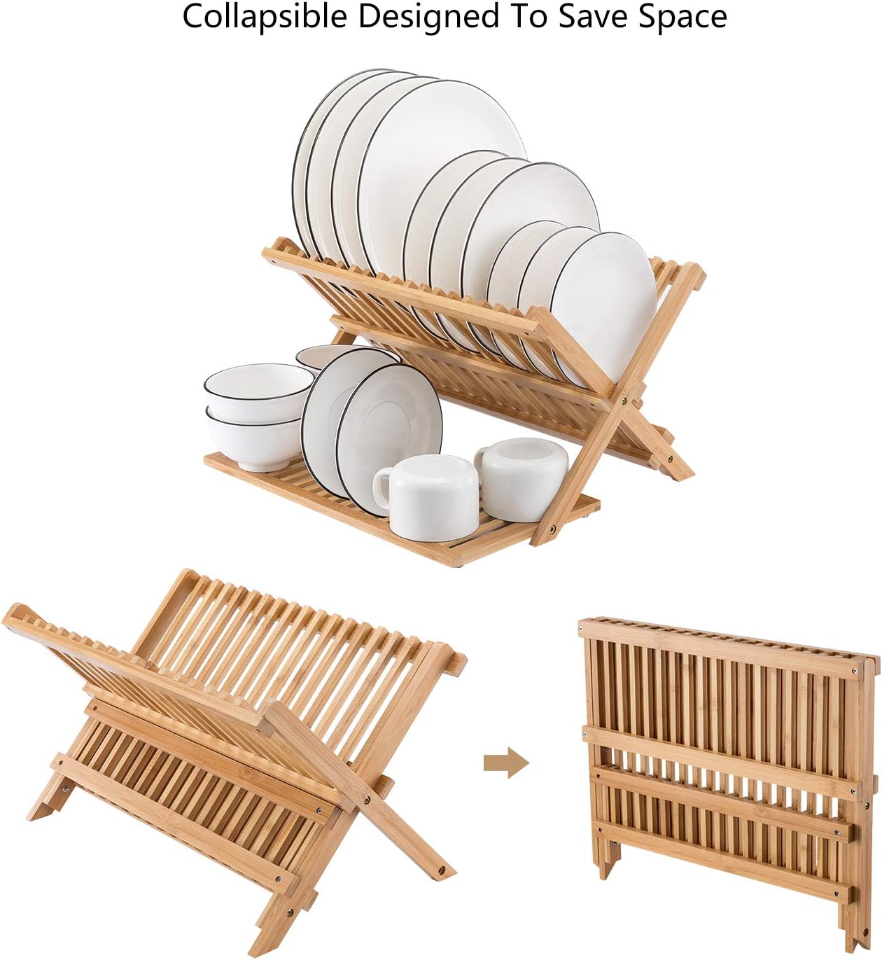 HBlife Bamboo Dish Drying Rack with Utensils Flatware Holder Set Large Folding Drying Holder for Kitchen, Collapsible Drainer, Cups and Utensils Holder