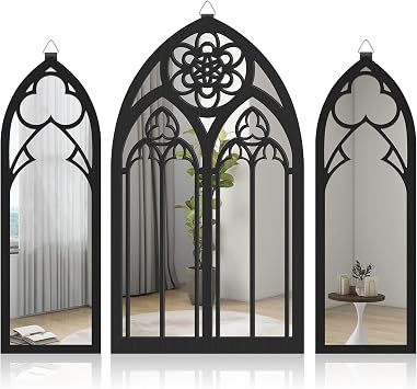 NIHUIFDPY 3Pcs Gothic Mirrors Wall Decor, Arched Mirrors Wall Mounted, Vintage Cathedral Arch Wood Framed Mirror, Decorative Goth Mirror Sticker with Hanging Ring for Bedroom Living Room G model