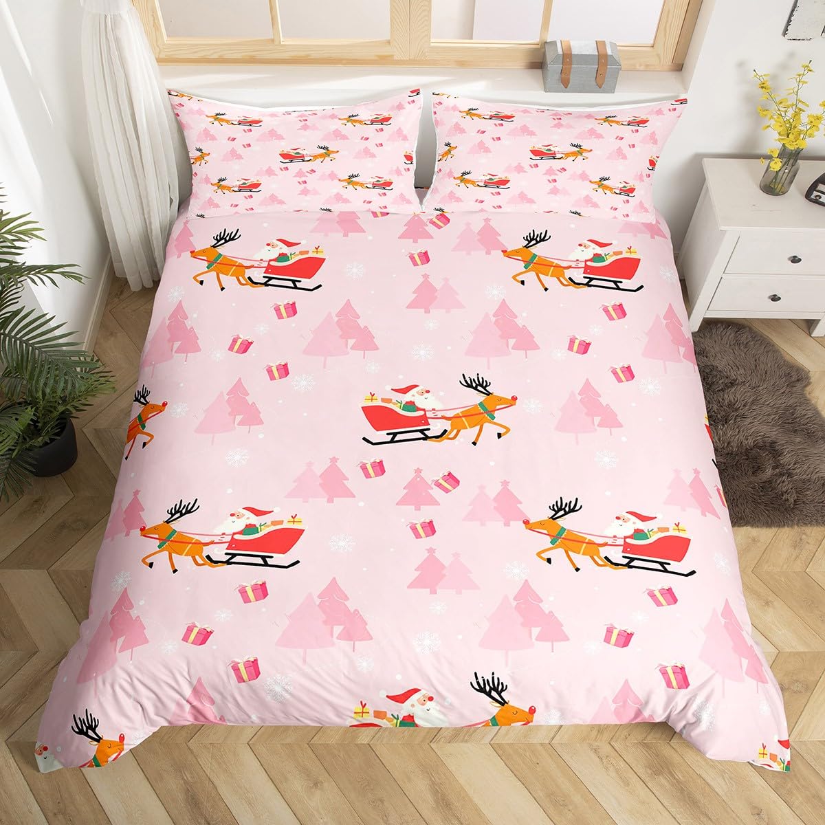 Manfei Santa Sled Duvet Cover Toddler Size for Kids Boys Girls,Cartoon Deer Elk 2 Pieces Duvet Cover,Pink Christmas Trees Soft Comforter Cover (Not Comforter),Watercolor Country Decor Quilt Cover