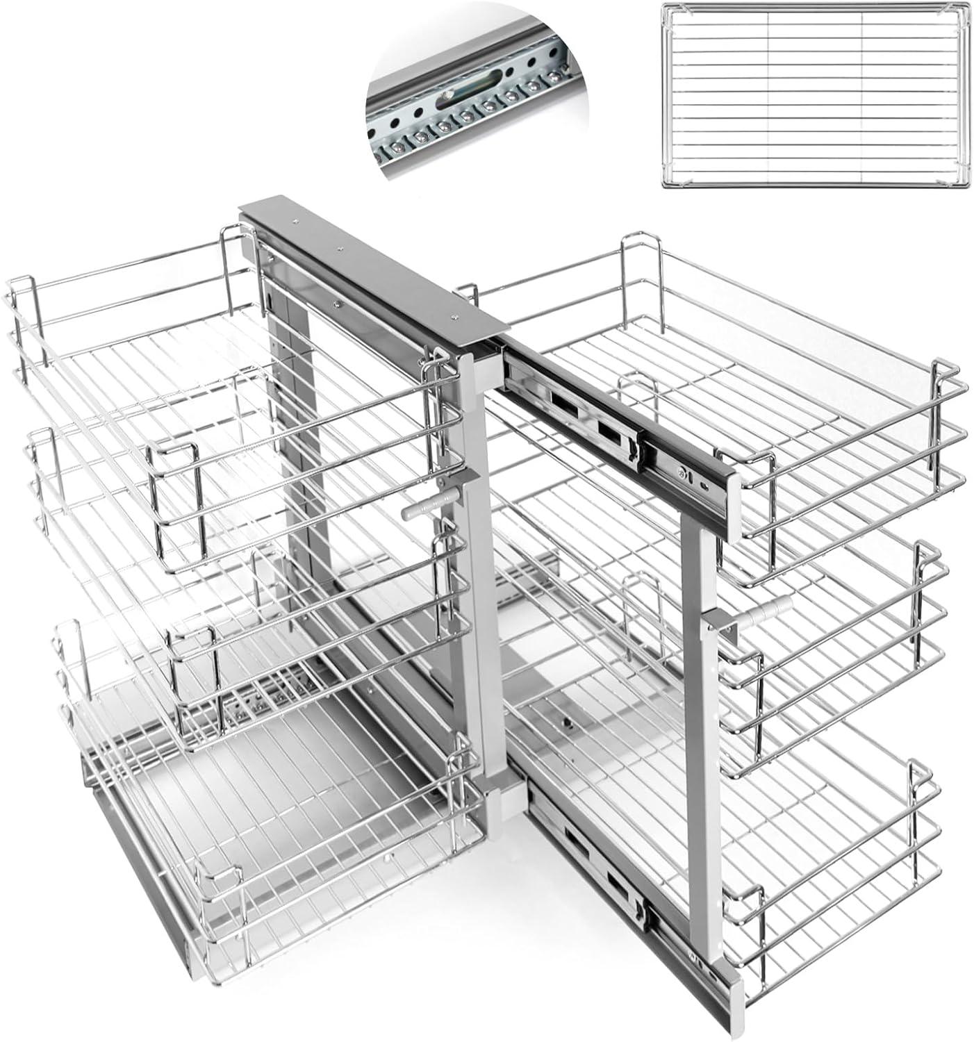 Pull Out Shelf Organizer for Blind Corner, 3 Tier Stainless Steel Blind Corner Organizer Cabinet 2-Sided Open Adjustable Shelves 18.5 "D x 23.6" W x 24 "H,Slide Pull Out Kitchen Cabinet