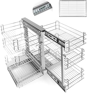 Pull Out Shelf Organizer for Blind Corner, 3 Tier Stainless Steel Blind Corner Organizer Cabinet 2-Sided Open Adjustable Shelves 18.11 "D x 26.8" W x 23.6 "H,Slide Pull Out Kitchen Cabinet