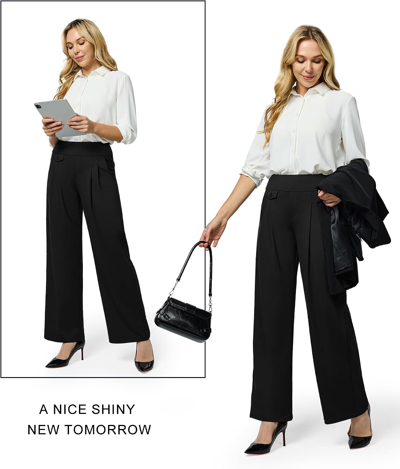 Womens Wide Leg Pants Pull On High Waist Stretch Dress Business Casual Yoga Work Pants with 5 Pockets
