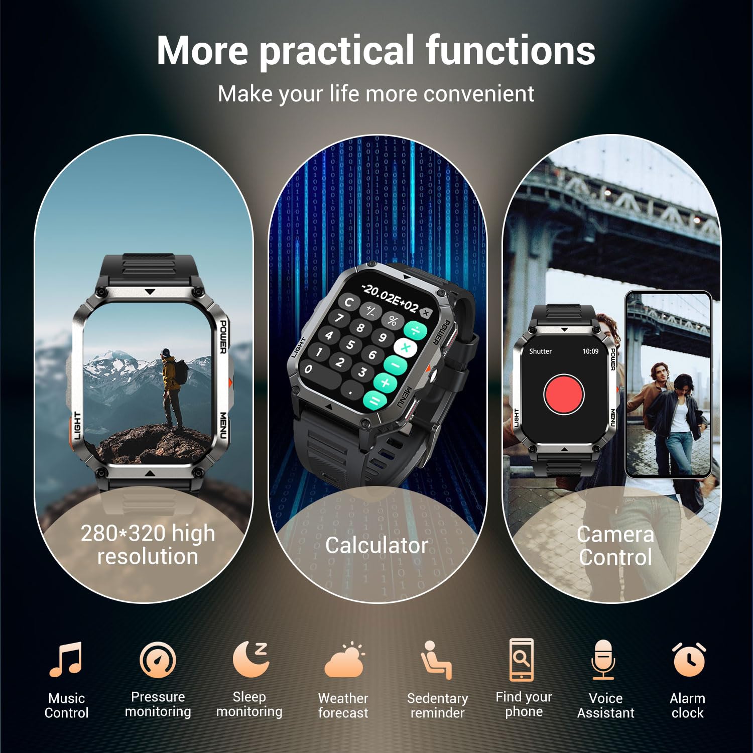Smartwatch da uomo con torcia LED, touchscreen da 2,01 pollici, cassa in acciaio inossidabile, cinturino in gomma, funzione vocale Bluetooth 5.3, contapassi, contacalorie, cronometro,A