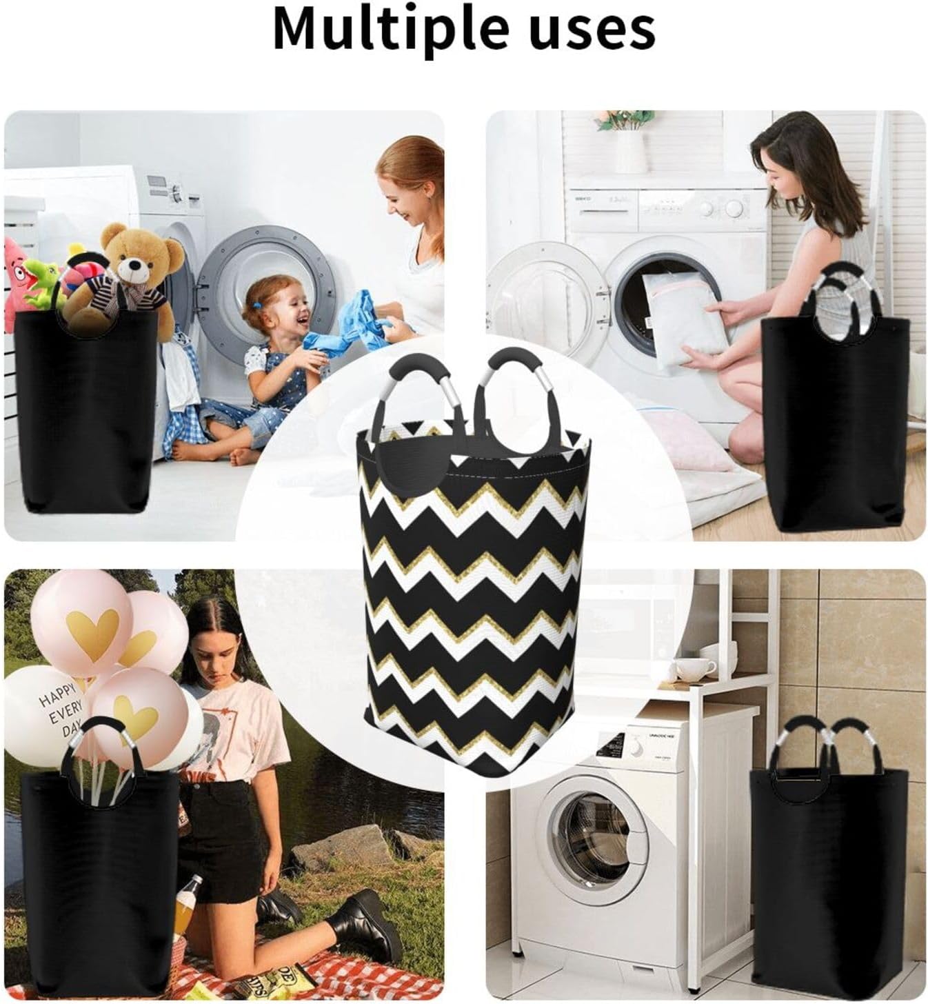 Large Laundry Basket, Black, White and Gold Chevron Laundry Hamper Bag Collapsible Washing Bin With Handles for College Dorm, Family Essentials Storage