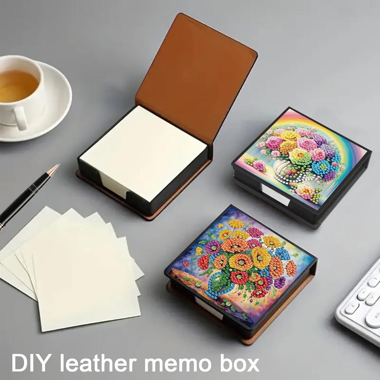 POETRYDRAW 4 Pcs Diamond Art Painting Kit Note Box, Diamond Art Notecard Box Sticky Note Holder for Adults Memo Pad Holder, Contains 160 Sheets of Paper (Vase)