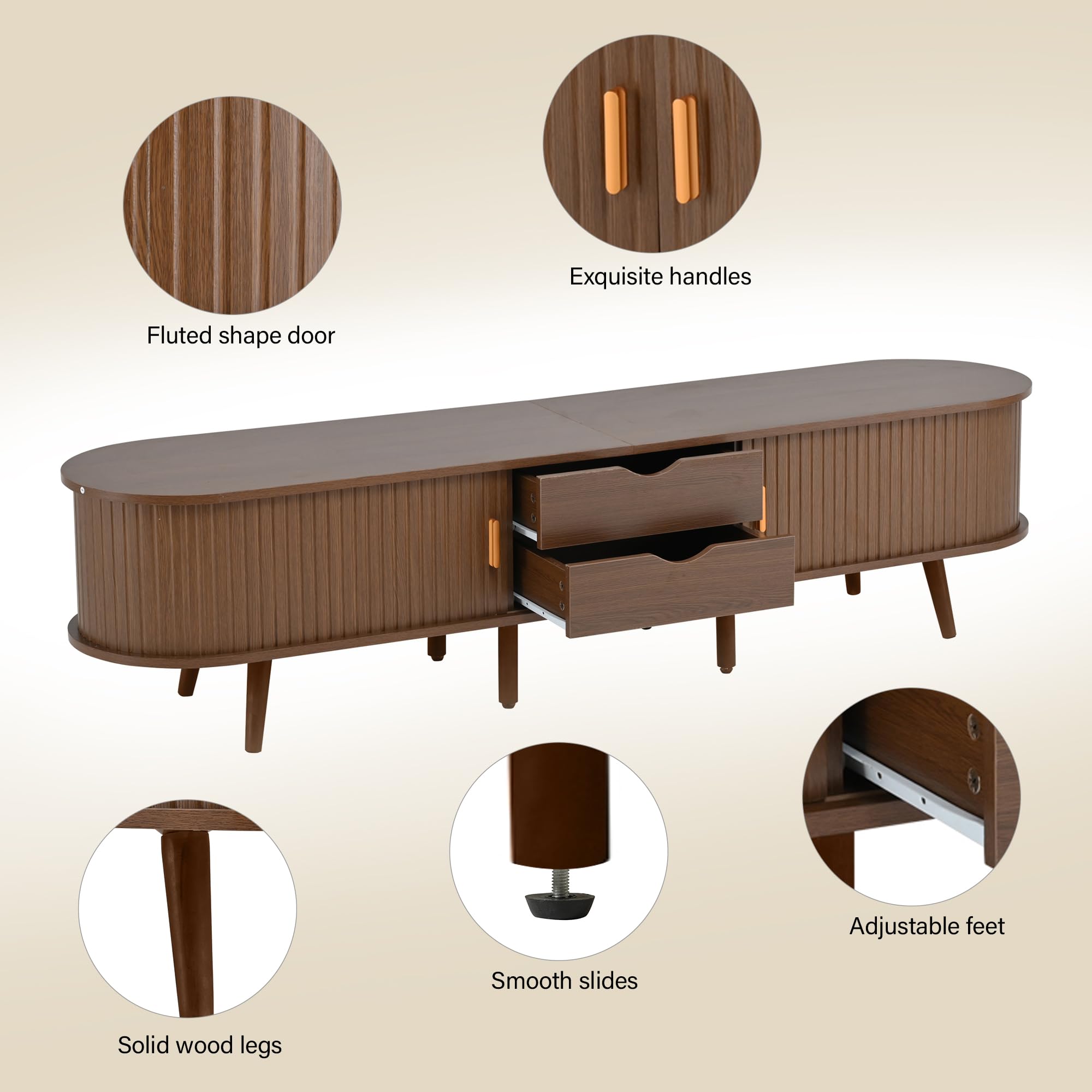 Armario de TV de salón con espacio de almacenamiento y tablero redondo de madera de densidad media con 2 cajones, apto para 175 x 40 x 42 cm