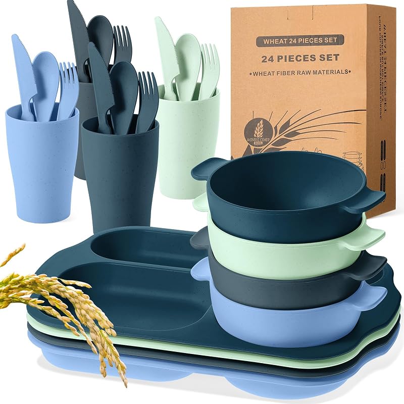 Juego de vajilla de paja de trigo de 24 piezas para plato y tazón para niños pequeños, azul, verde | Juegos de platos y tazones livianos, platos divididos, tazón irrompible, apto para microondas y lavavajillas, para picnics en el hogar y la escuela