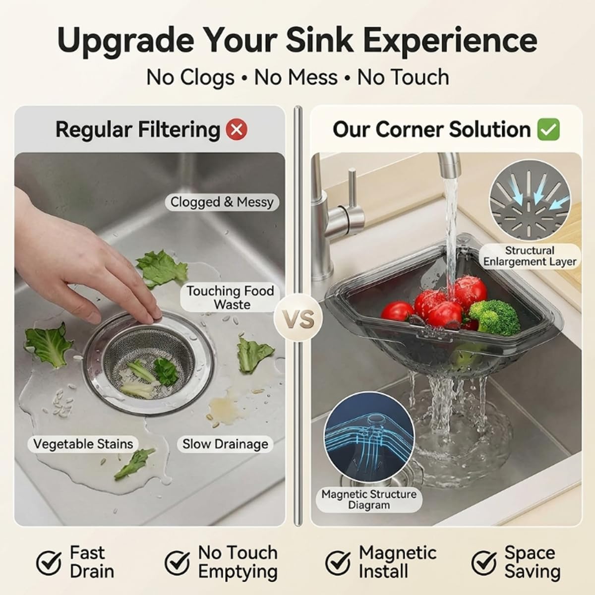 Magnetic Triangle Sink Strainer Corner Large Kitchen Drainage & Filter Basket Suction Space-Saving Magnets Offers Triangular Suspension with Twist-Open Bottom Attachment Baskets (3PCS)