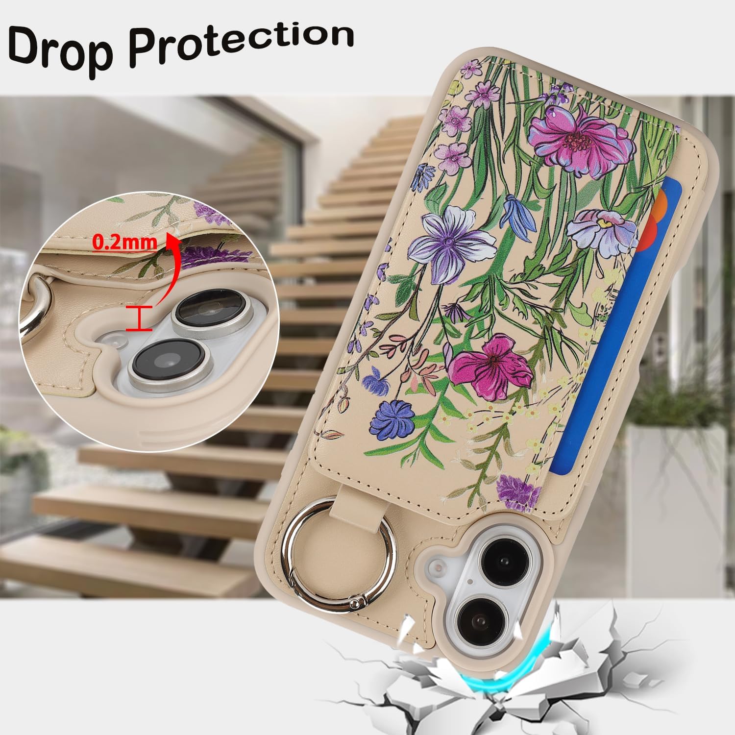 Ｈａｖａｙａ for iPhone 16 Case Wallet with Card Holder Keychain Ring Stand PU Leather Phone case Floral Flower with Credit Card Slots Women Men-Beige Flower 3