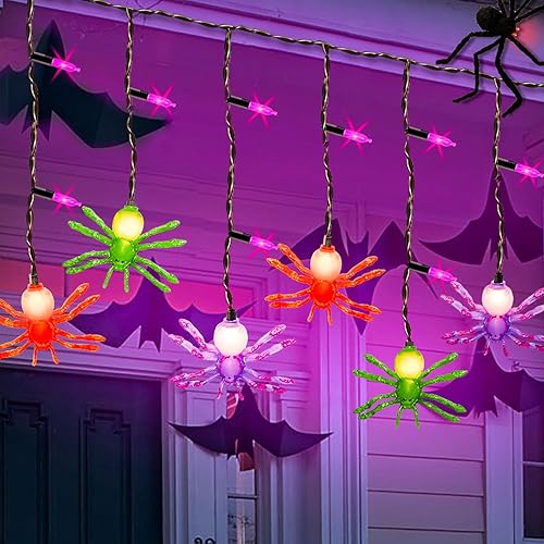 Luces decorativas de Halloween, 25 bombillas enchufables de 7 pies, tira de luces de Halloween con 10 arañas conectables, cortina de luces