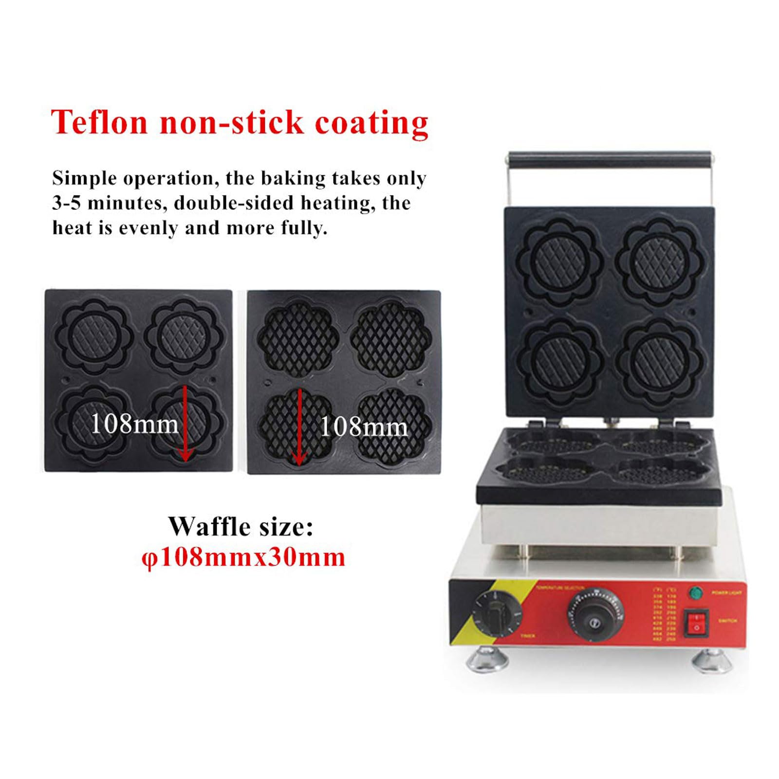Piastra elettrica per Waffle a Forma di Fiore da 1500 W, Piastra per Waffle Professionale a Quattro fette con riempimento Profondo, Timer e Controllo della Temperatura, Macchina PE,