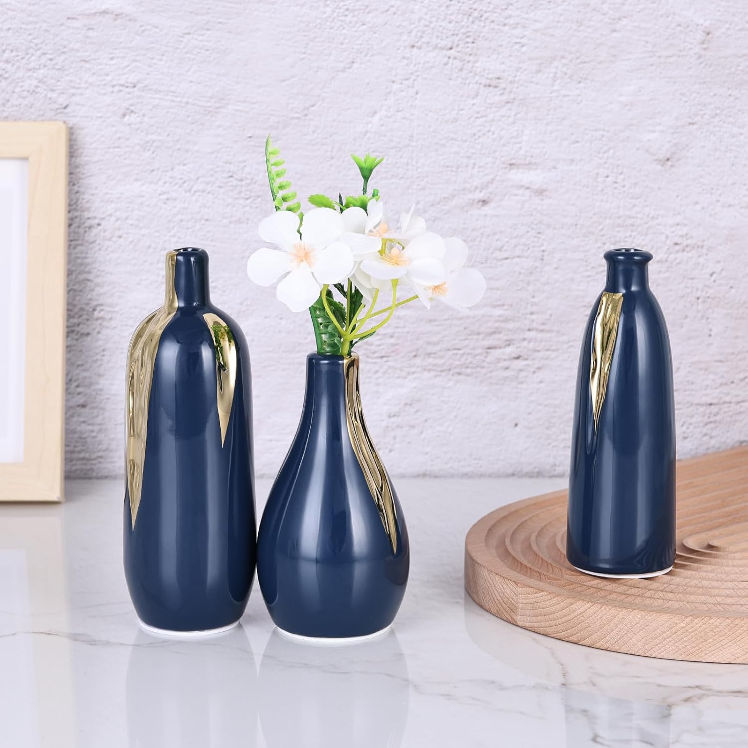 Blue and Gold Mini Ceramic Vase Set of 3, Small Ceramic Vase Set for Decorative, Bud Vases for Centerpieces Nightstand Kitchen, Boho Farmhouse Home Coffee Table Tray Decor