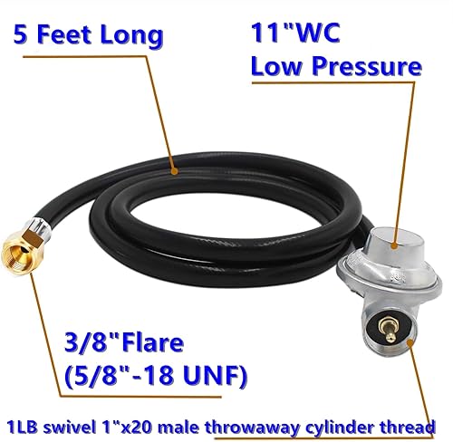 Miniatura 2 de MCAMPAS Regulador de gas propano de 1 libra de baja presión con manguera de 5 pies, tuerca de 38 pulgadas hembra para conversión de tuberías a la