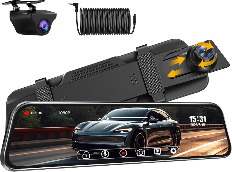 Vtopek T30-EU5 Tükör Menetrögzítő Kamera Szett - Dupla 1080P Felvétel, 10" IPS Érintőkijelző, 170°+140° Látószög, Éjjellátó, Tolatókamera
