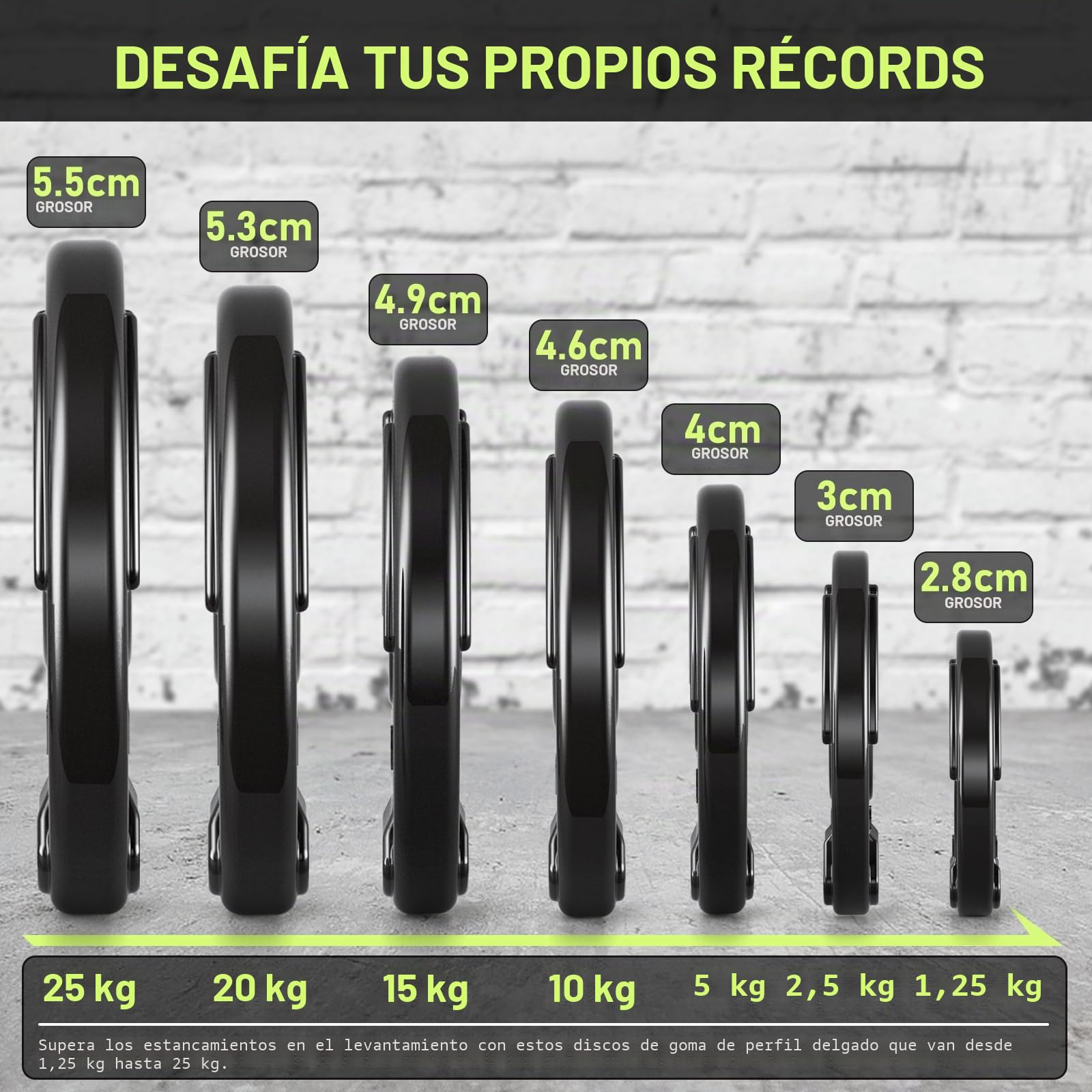PhysKcal discos de pesas olímpicas de 1,25 kg a 25 kg con acabado de goma, centro de apertura de Φ 5,1 cm y diseño de triple agarre, discos negros para levantamiento y entrenamiento de fuerza