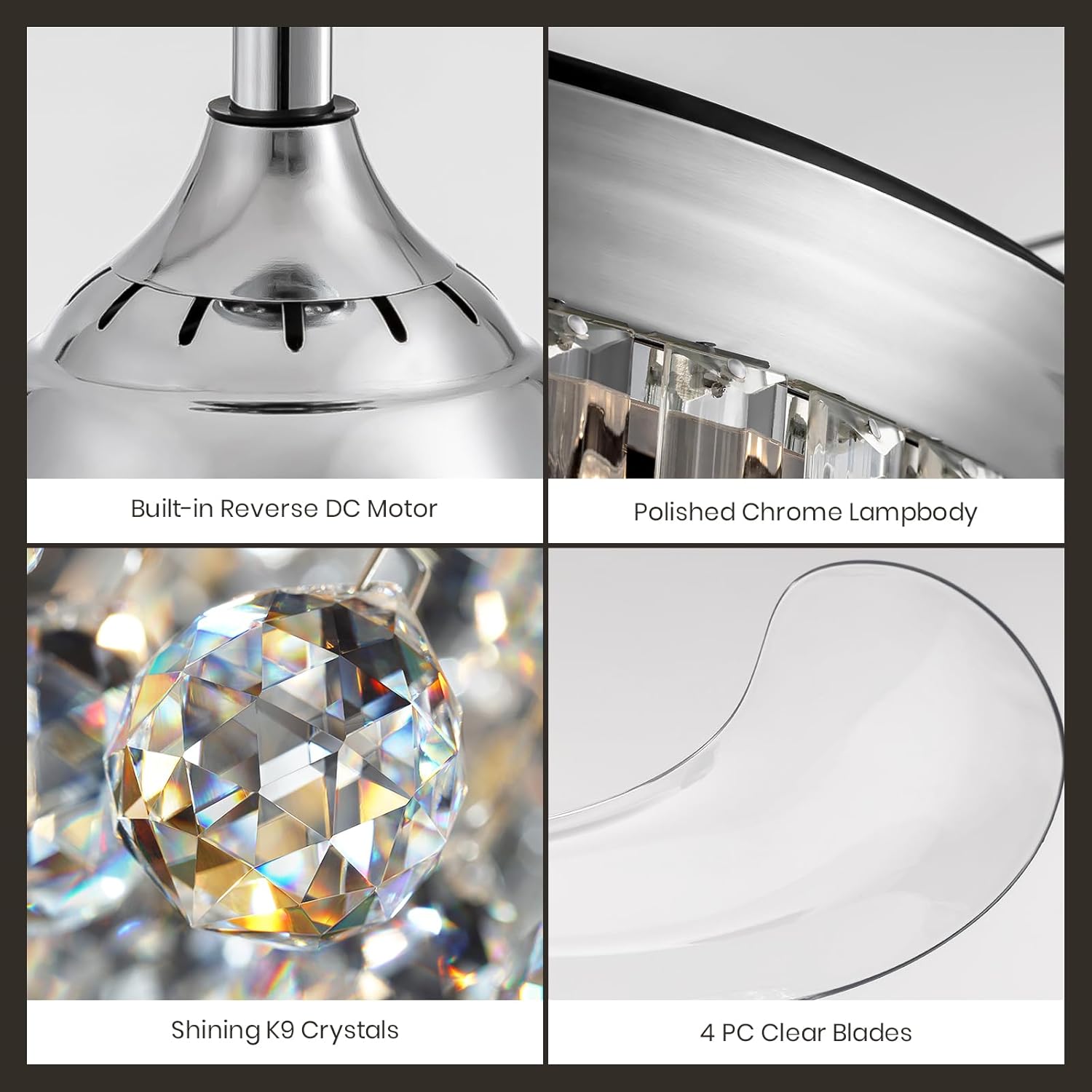 Crystal Dimmable Fandelier, Invisible Retractable Ceiling Fans with Light and Remote Control, 6 Speeds Reversible LED Chandelier Fan Kit for Living Room, Bedroom-Polished Chrome 36 Inches