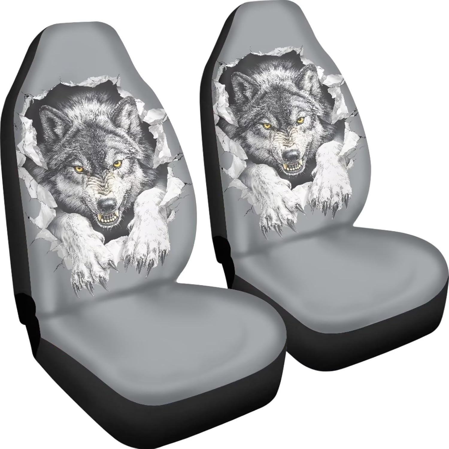 2Pcs Front Car Seat Covers Wolf Print Seat Protector Universal fit for Most Cars SUVs and Trucks, Gray