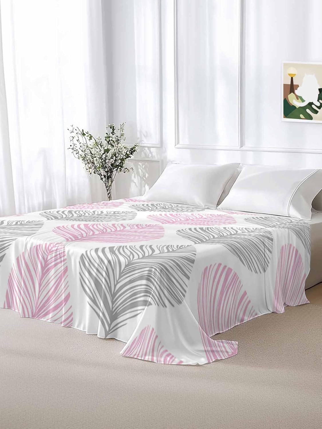 Full Flat Sheet Only Bed Sheets Pink and Grey Botanical Leaves Microfiber Breathable Bedding Flat Sheet, Abstract Geometric Lines Art Soft Top Sheets for Bedroom Living Room Sofa