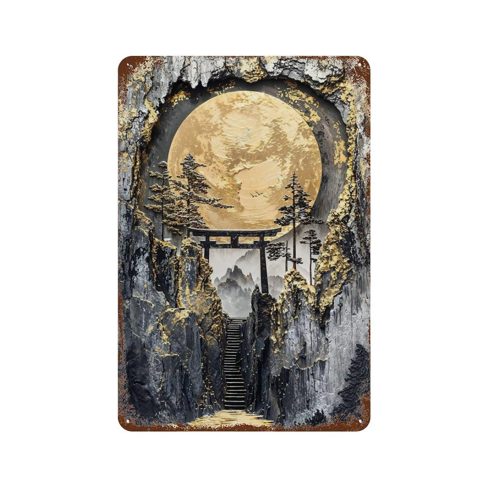 Garage Style Full Moon Shrine Gateway Aged Metal Wall Plaque 11.8"x7.9", Vintage Wall Decor for Bar And Workshop