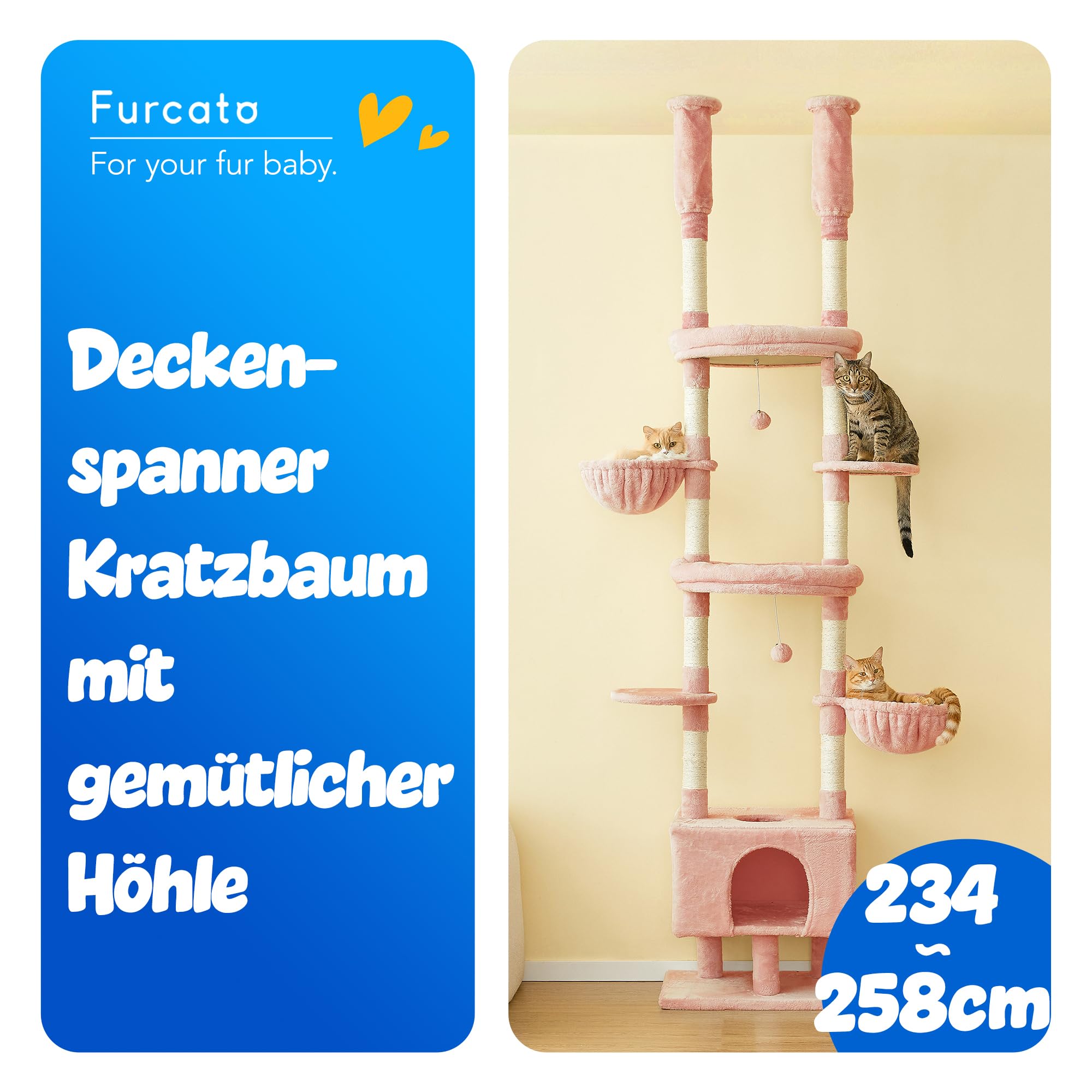 Árbol rascador para gatos rosa con altura ajustable de 235 – 258 cm, 7 pisos, escalador y casa de juegos con columna rascadora, cómoda cesta para dormir y hamacas para gatos de apartamento
