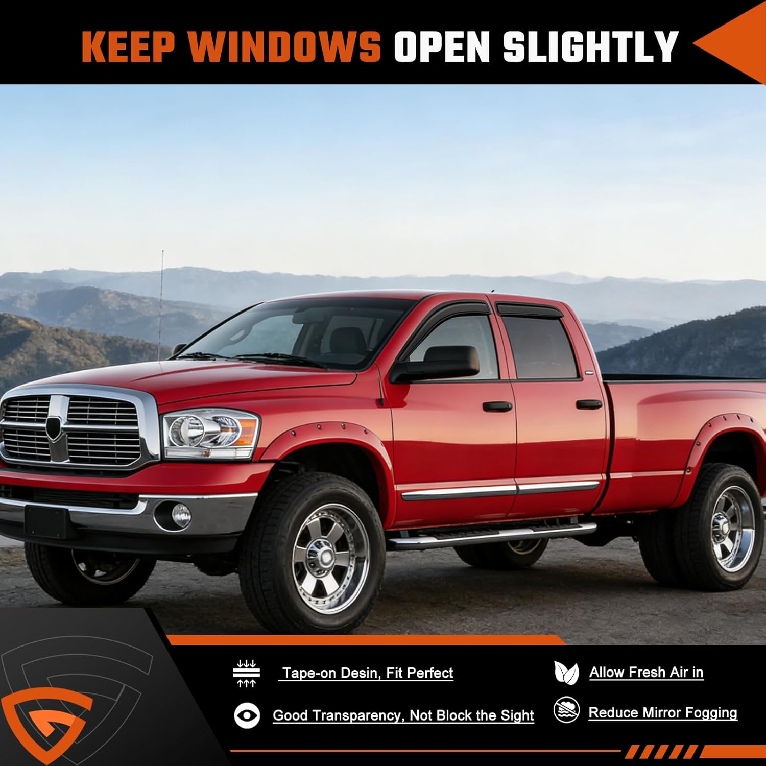 Rain Guards Fit for 2002-2008 Dodge Ram 1500 Quad Cab/Extended Cab/ 03-09 Dodge Ram 2500 3500, Tape-On Extra Durable Side Window Sun Rain Guard Visor Deflectors Black 4 PCS