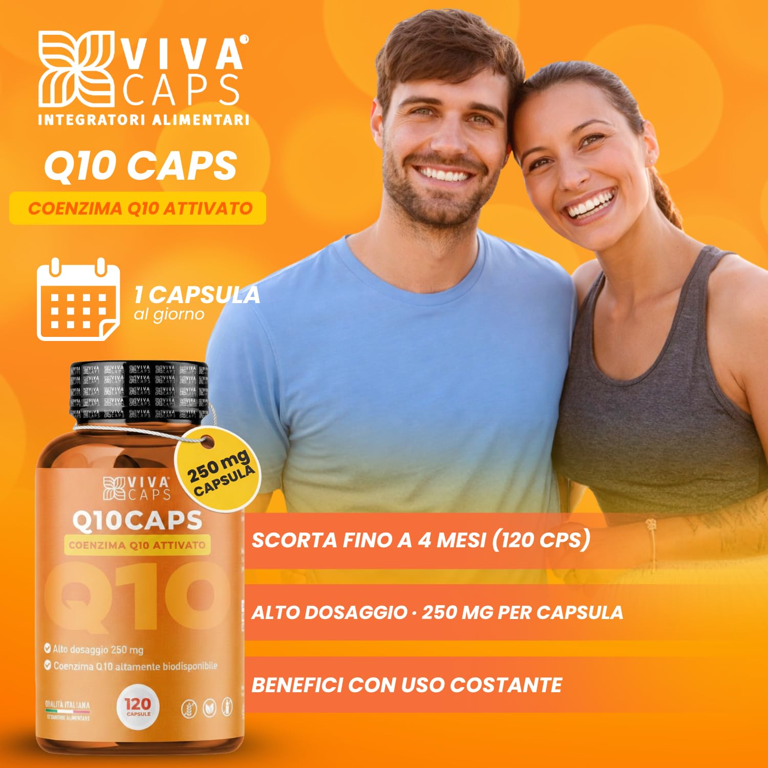 Coenzima Q10 250 mg per dose giornaliera 120cps 1 al giorno per 4 mesi, ubiquinone puro alta biodisponibilità - Made in Italy