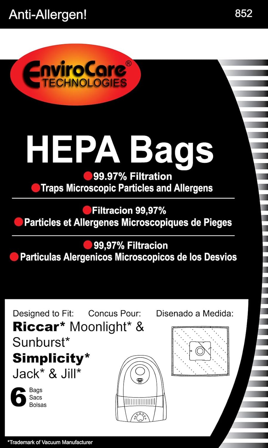 EnviroCare Replacement HEPA Filtration Vacuum Cleaner Dust Bags made to fit Riccar Moonlight and Sunburst. Simplicity Jack and Jill Canisters 6 pack - Household Vacuum Filters Upright
