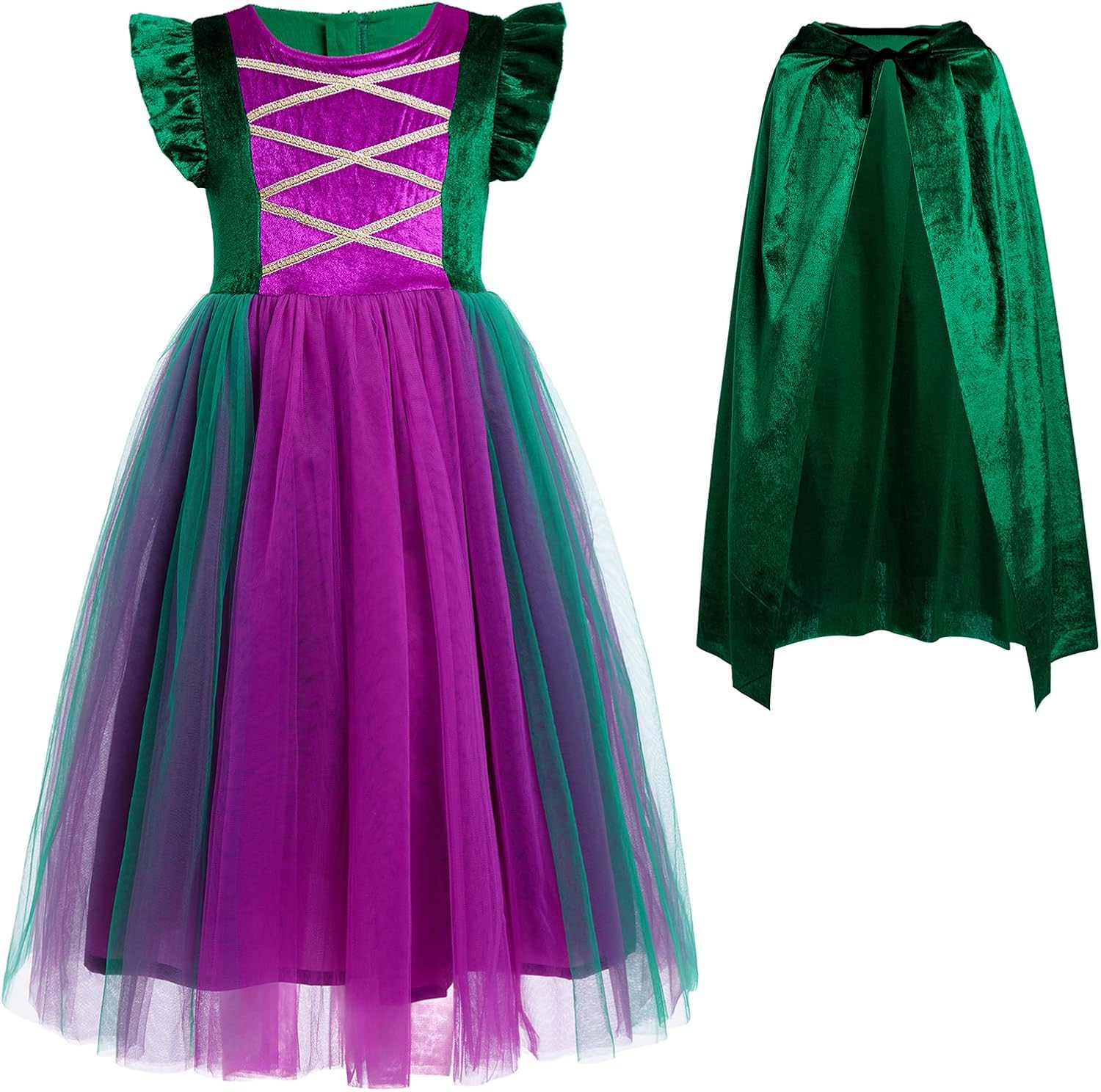 OBEEII Halloween Costume for Girls Velvet Tulle Tutu Witch Dresses with Wigs Velvet Cape 3pcs Set for Halloween Carnival