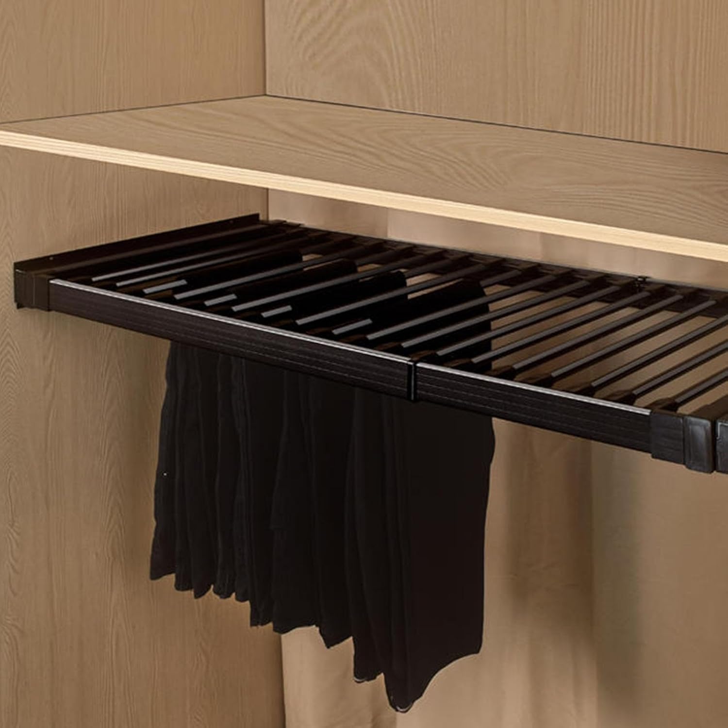 Closet Pull-Out Pants Rack, Above Washing Machine Drying Organizer, Silent Slide Rail with Damping Buffer, Space-Saving Design, Holds 35kg (Black, 1000-1350mm)