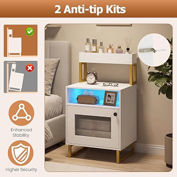 COSTWAY Bedside Table with LED Lights, Smart Nightstand End Sofa Side Table with Top Tray, Open Compartment & Storage Cabinet, Bedside Cabinet Chest for Living Room Bedroom (1, White)
