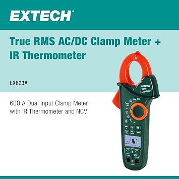 Extech EX623A 600A AC/DC Clamp Meter with IR and Dual Type K | True RMS, NCV, built-in IR thermometer, T1/T2 differential, LoZ, low pass filter, inrush, DC uA