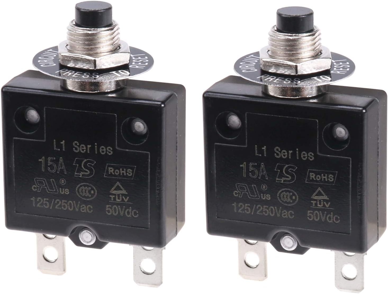 125-250V AC 50V DC Push Button Circuit Breaker 15 Amps Thermal Overload Protector L1 Series Manual Reset Thermal Circuit Breaker 15A 2 Pcs