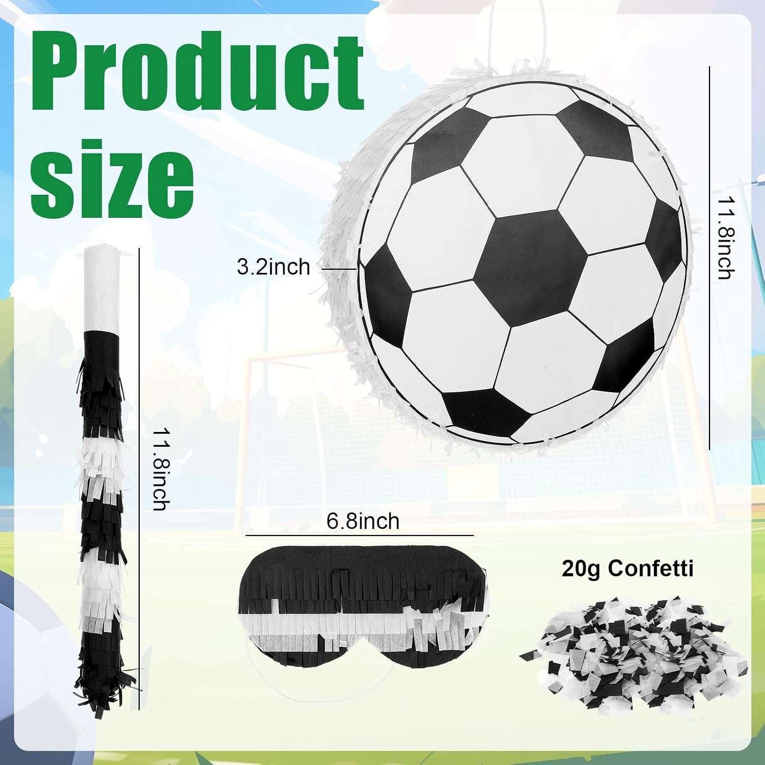 Soccer Piñata – Includes Soccer Ball Pinata, Wooden Stick, Blindfold, and Confetti – 11.8 x 11.8 x 3.2 Inch Perfect for Sports Party Favors for Adults Birthday Party Decorations